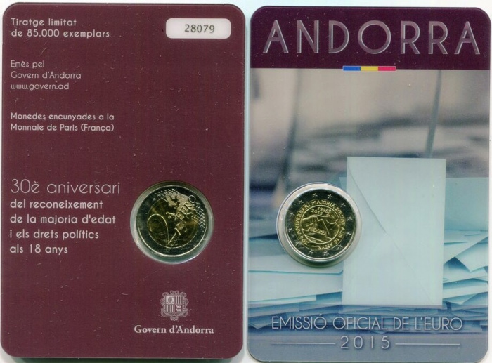 (02) Монета Андорра 2015 год 2 евро &quot;Закон о совершеннолетии 30 лет&quot;  Биметалл  Блистер