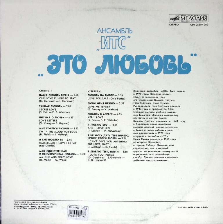 Пластинка виниловая ИТС Это любовь Мелодия 300 мм. (сост. на фото)