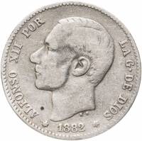 (1882) Монета Испания 1882 год 1 песета "Альфонсо XII"  Серебро Ag 835  VF