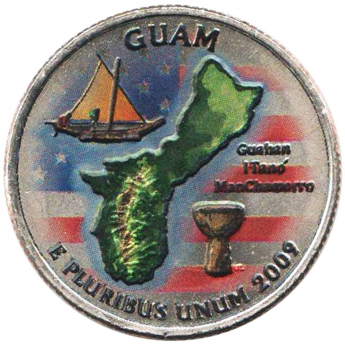 (053d) Монета США 2009 год 25 центов &quot;Гуам&quot;  Вариант №2 Медь-Никель  COLOR. Цветная