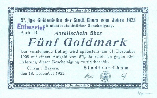 (№1923) Банкнота Германия 1923 год &quot;5 Goldmark&quot;