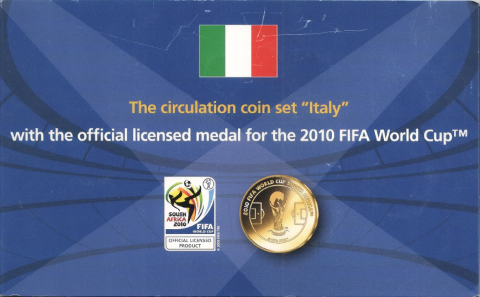 (2002-2008, 8 монет + медаль) Набор монет Италия 2002-2008 год &quot;ЧМ по футболу ЮАР 2010&quot;   Буклет