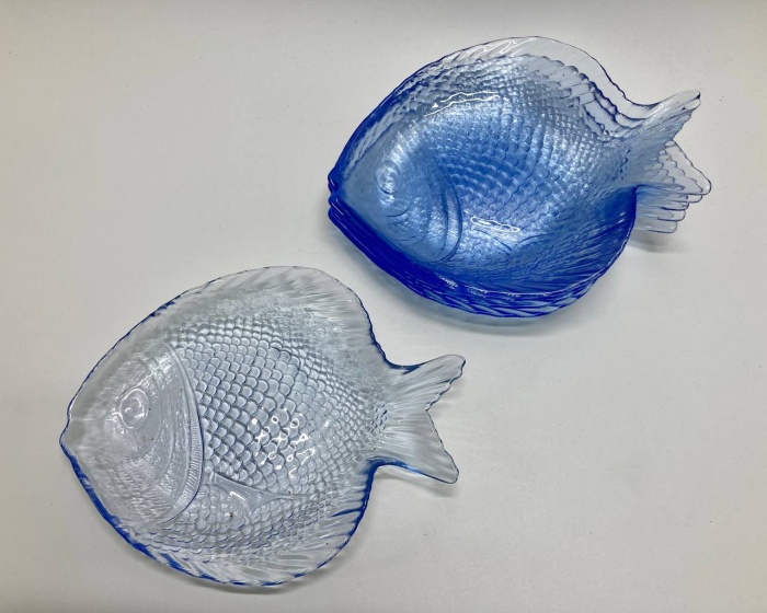 Тарелки десертные рыбы, синее стекло, 6 шт