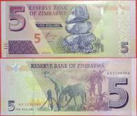 Банкнота Зимбабве 2019 год 5 долларов Балансирующие скалы   UNC