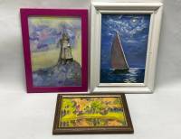 Картина интерьерная в раме масло 2 шт и акварель 1 шт Маяк Парусник в море