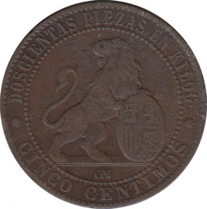 (1870) Монета Испания 1870 год 5 сантимов   Бронза  VF