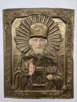 Икона Николай Чудотворец с окладом письмо на дереве 22 х 17,5 см