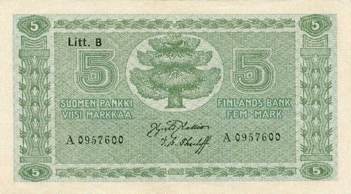 (1922 Litt B) Банкнота Финляндия 1922 год 5 марок    UNC