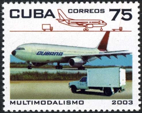 (№4520) Марка Куба 2003 год &quot;Самолет и автомобиль&quot;, Гашеная