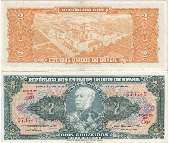 (1956-1958) Банкнота Бразилия 1956-1958 год 2 крузейро &quot;Дуки ди Кашиас&quot;   XF