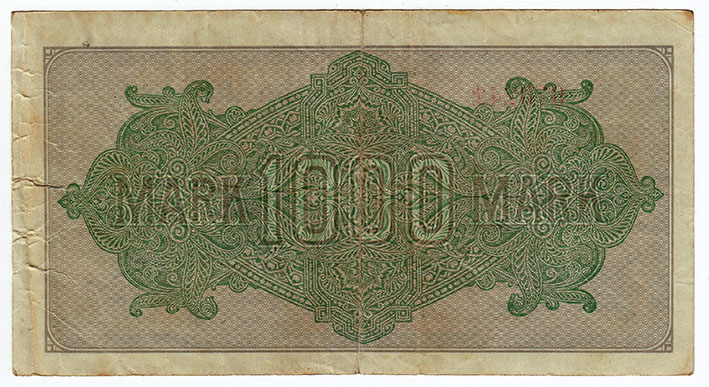 (1922) Банкнота Германия 1922 год 1 000 марок &quot;Без вод. знака&quot; 3-й выпуск  VF