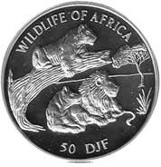 1997 Монета Джибути 1997 год 50 франков Львы  Серебро Ag 925  PROOF