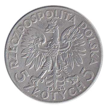 (1934) Монета Польша 1934 год 5 злотых &quot;Ядвига&quot;  Серебро Ag 750  VF
