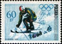 (1968-002) Марка Польша "Горные лыжи"   X зимние Олимпийские игры в Гренобле, Франция II Θ