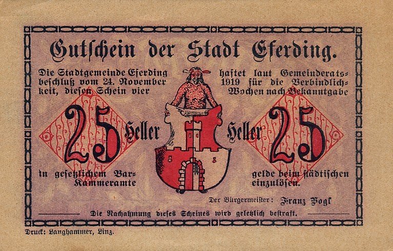 (№1919) Банкнота Австрия 1919 год &quot;25 Heller&quot;