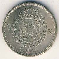 (1942) Монета Швеция 1942 год 1 крона "Густав V"  Серебро Ag 400  UNC