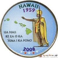 (050p) Монета США 2008 год 25 центов "Гавайи"  Вариант №1 Медь-Никель  COLOR. Цветная