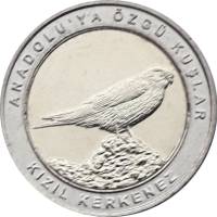 (2019) Монета Турция 2019 год 1 куруш "Степная пустельга" Внешнее кольцо белое Биметалл  UNC