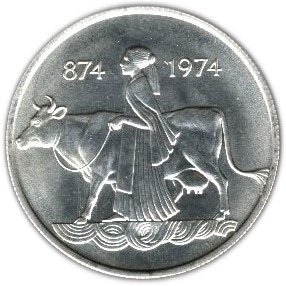 (1974) Монета Исландия 1974 год 500 крон &quot;Первое поселение 1100 лет&quot;  Серебро Ag 925  UNC