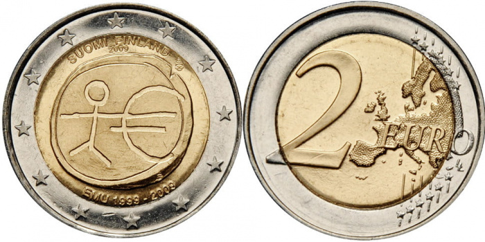 (007) Монета Финляндия 2009 год 2 евро &quot;Экономический союз 10 лет&quot;  Биметалл  UNC