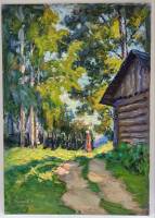 Картина Тулаев В. Н. 1980 г. Вечерний луч.Бабушка летом в деревне. Пейзаж масло картон 35х24 см