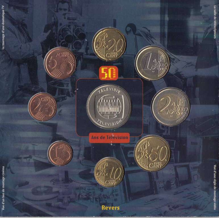 (2003, 8 монет + жетон) Набор монет Бельгия 2003 год &quot;Телевидение. 50 лет&quot;   Буклет