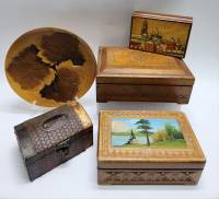 Шкатулки деревянные резные 5 шт и панно тарелка декоративная кленовый лист