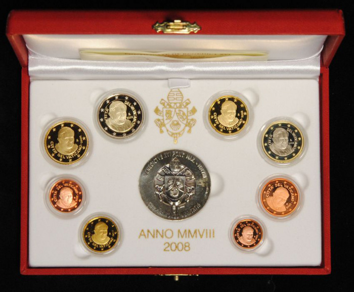 (2008, 8 монет + жетон) Набор монет Ватикан 2008 год   Коробка