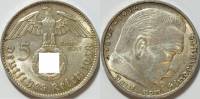 (1938J) Монета Германия (Рейх) 1938 год 5 марок "Пауль Гинденбург"  Свастика Серебро Ag 900  XF