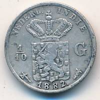 (1882) Монета Голландская Индия 1882 год 1/10 гульдена   Серебро Ag 720  VF
