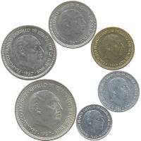 (6 монет 10 50 сантимов 1 5 25 50 песет) Набор монет Испания 1957-1966 год "Франсиско Франко"   UNC