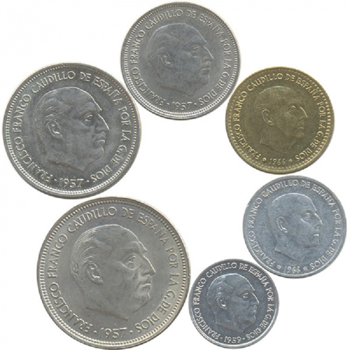 (6 монет 10 50 сантимов 1 5 25 50 песет) Набор монет Испания 1957-1966 год &quot;Франсиско Франко&quot;   UNC