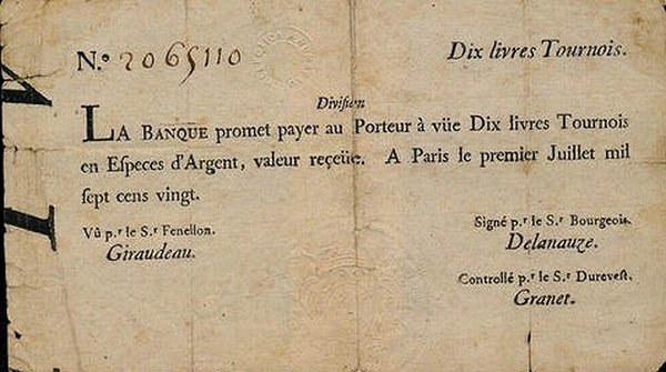 (№1720P-A20a) Банкнота Франция 1720 год &quot;10 Livres Tournois&quot;