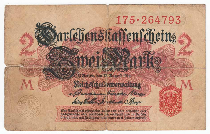(1914) Ссудный чек Германия 1914 год 2 марки &quot;Красный&quot;   F