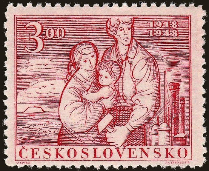 (1948-023) Марка Чехословакия &quot;Семья (Красная)&quot;    30-летие основания Чехословацкой республики II O