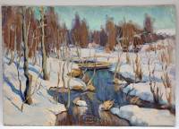 Картина Тулаев В. Н. 1982 г. Река в заснеженном лесу Пейзаж масло картон 35х25 см