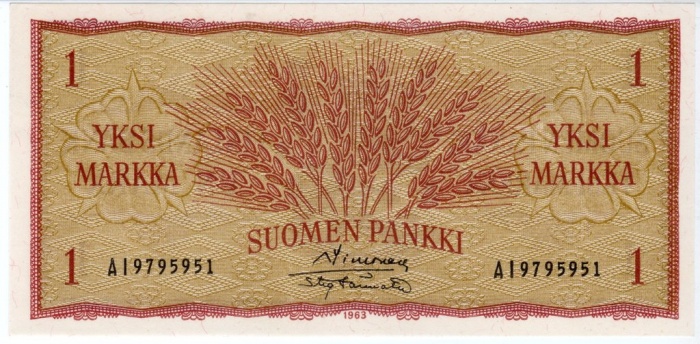 Банкнота Финляндия 1963 год 1 марка Колосья Simonen - Tornroth  UNC