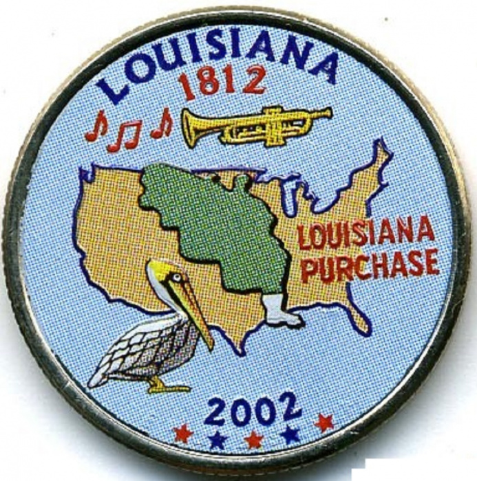 (018p) Монета США 2002 год 25 центов &quot;Луизиана&quot;  Вариант №1 Медь-Никель  COLOR. Цветная