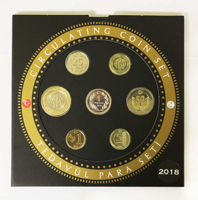 (2018, 8 монет) Набор монет Турция 2018 год &quot;1, 5, 10, 25 и 50 куруш, 1 лира&quot;   Буклет