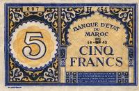 (№1943P-33) Банкнота Марокко 1943 год "5 Francs"