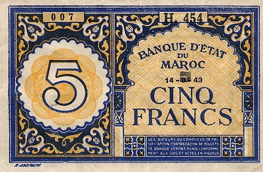 (№1943P-33) Банкнота Марокко 1943 год &quot;5 Francs&quot;