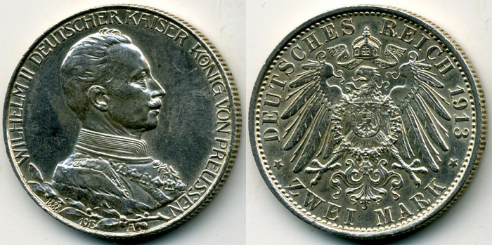 (1913) Монета Германия 1913 год 2 марки &quot;Вильгельм II 25 лет коронации&quot;  Серебро Ag 900  XF