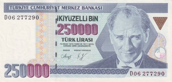 (,) Банкнота Турция 1992 год 250 000 лир &quot;Мустафа Кемаль Ататюрк&quot;   UNC