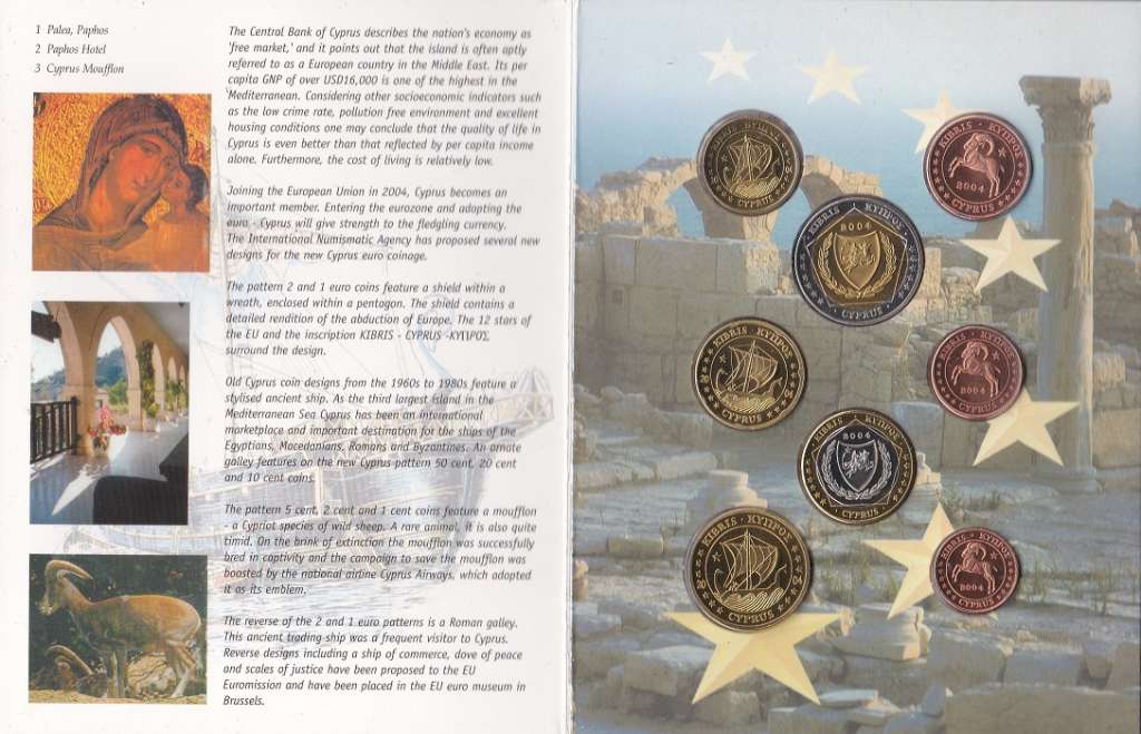 (2004, 8 монет) Набор монет Кипр 2004 год &quot;Корабли&quot; Проба  Буклет