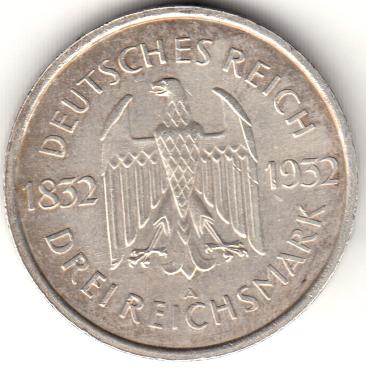 1932a Монета Германия (Веймар) 1932 год 3 марки  Гёте 100 лет смерти Серебро Ag 500  UNC