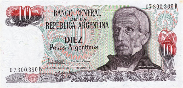 (1984) Банкнота Аргентина 1984 год 10 песо аргентино &quot;Хосе де Сан-Мартин&quot;   UNC