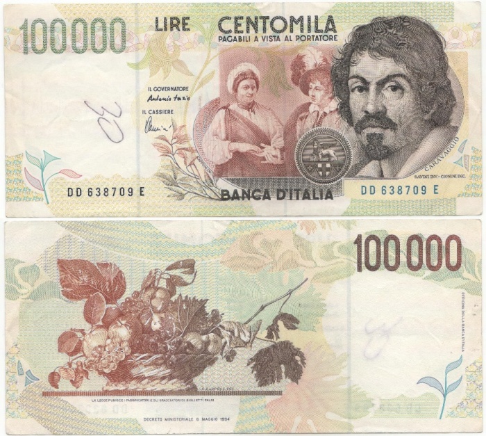 Банкнота Италия 1994 (1995) год 100&nbsp;000 лир Микеланджело да Караваджо   VF
