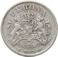 (1907) Монета Швеция 1907 год 1 крона "Оскар II"  Серебро Ag 800  VF
