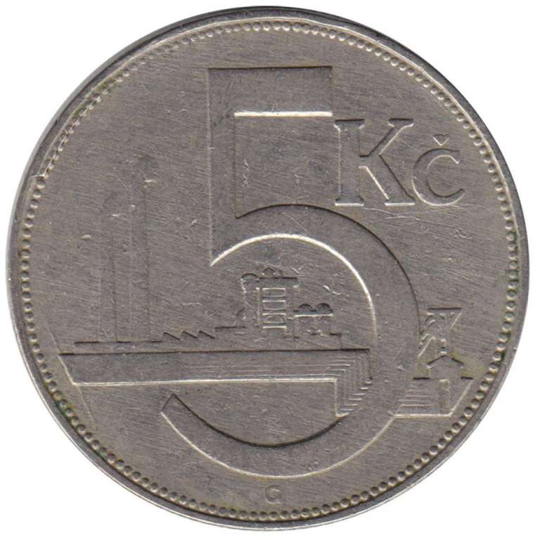 Монета Чехословакия 1925 год 5 крон, VF