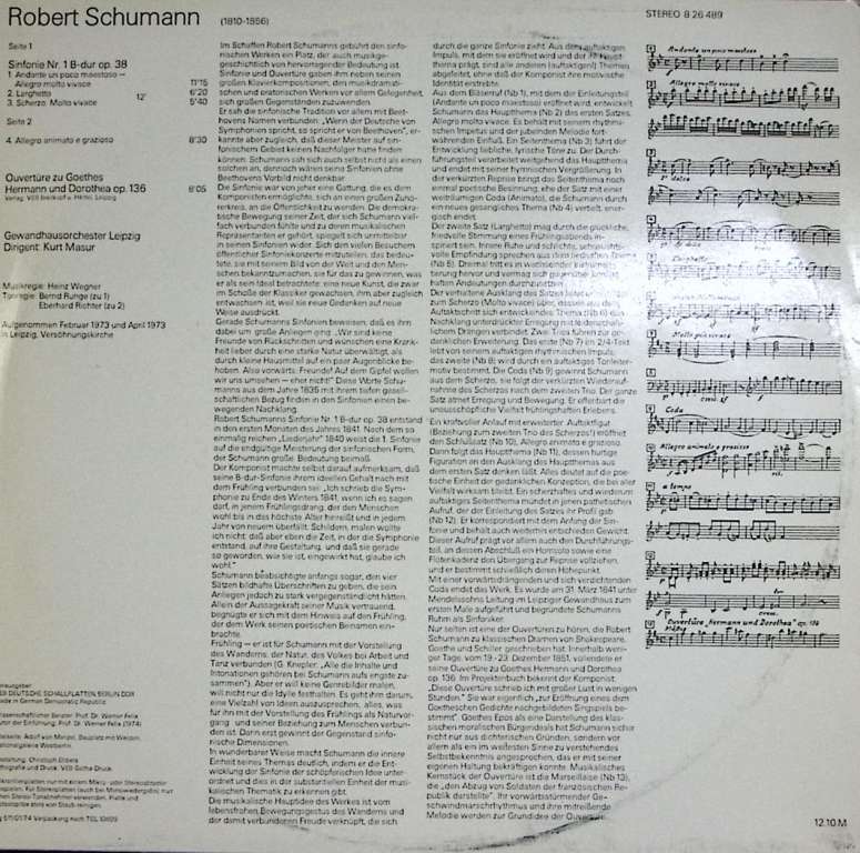 Пластинка виниловая &quot;R. Schumann. Sinfonie Nr.1 В-dur&quot; ETERNA 300 мм. Near mint